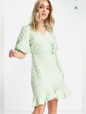 Textured Light Green Wrap Midi Dress with Ruffle Hem